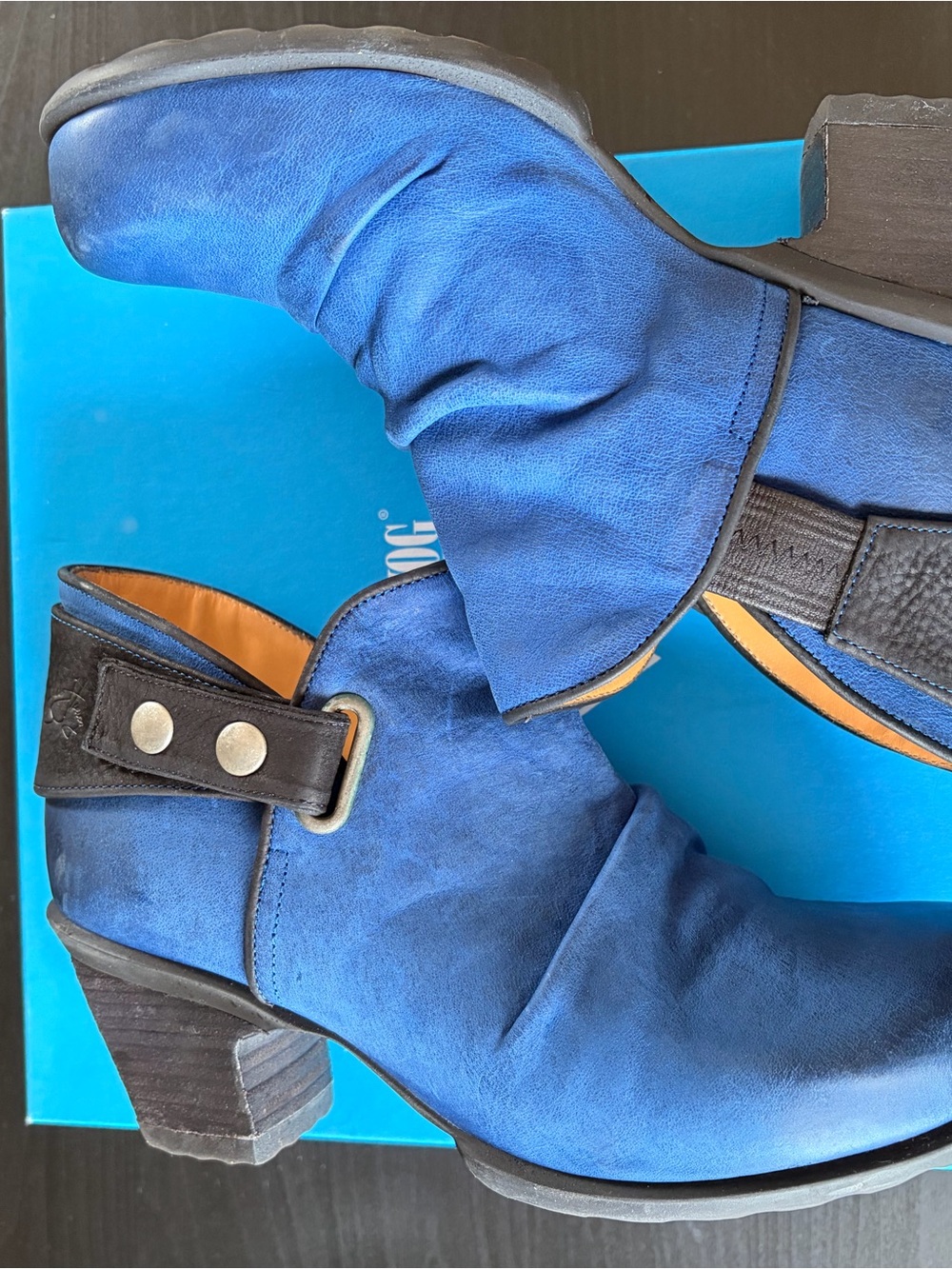 John Fluevog Blue Suede Ankle Boots with Stud Strap - Picture 2 of 5